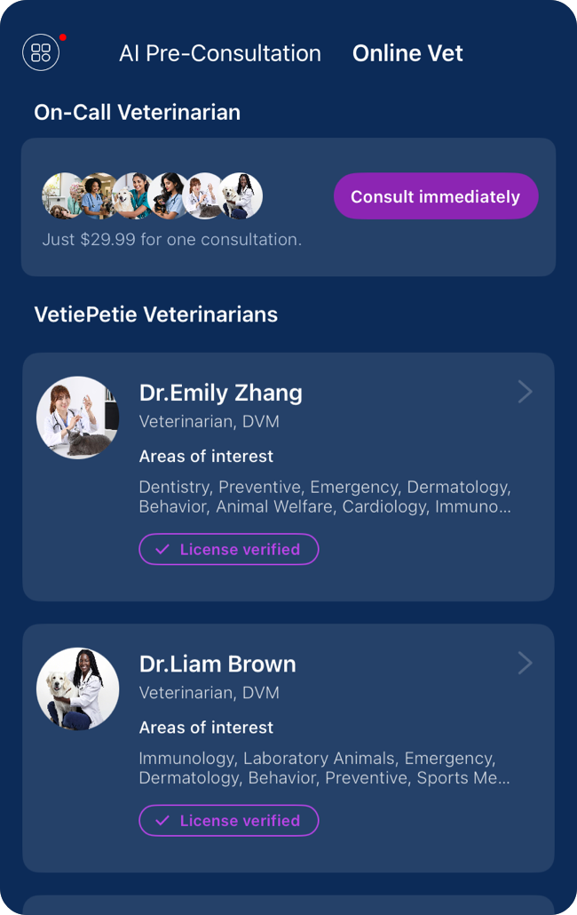 Hundreds of global animal medical experts available, no
appointment or waiting required—ask anytime.
